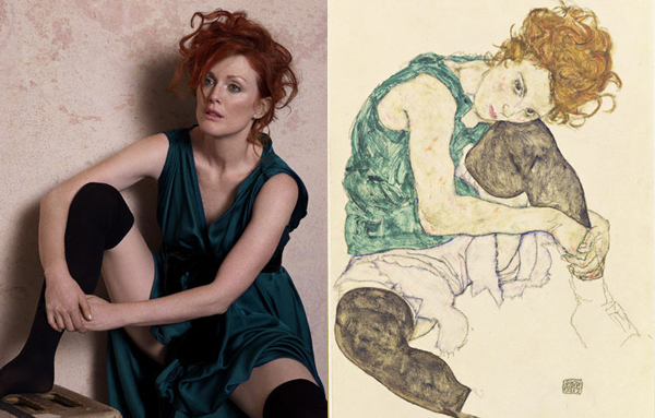 Julianne Moore by Peter Lindbergh as Seated Woman With Bent Knee by Egon Schiele for Harper’s Bazaar.