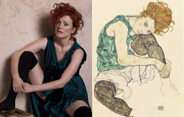 Julianne Moore by Peter Lindbergh as Seated Woman With Bent Knee by Egon Schiele for Harper’s Bazaar. Julianne Moore by Peter Lindbergh as Seated Woman With Bent Knee by Egon Schiele for Harper’s Bazaar.