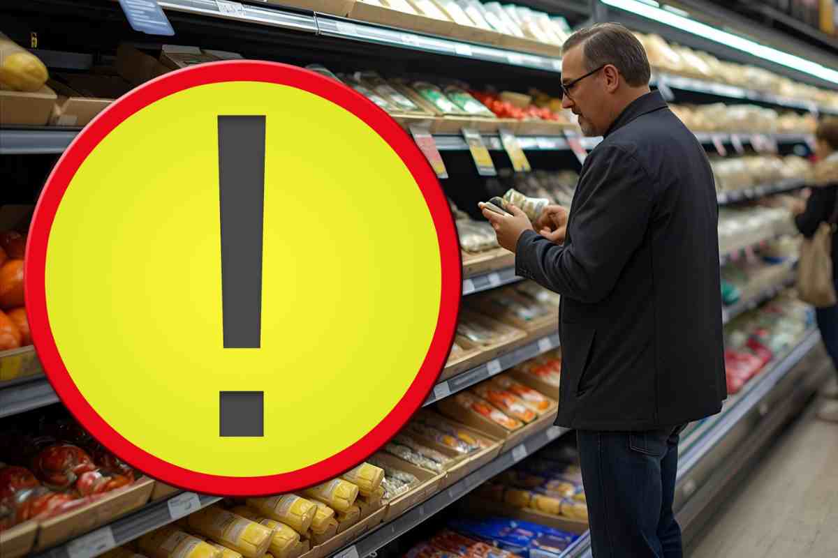 Uomo fa la spesa e segnale di attenzione