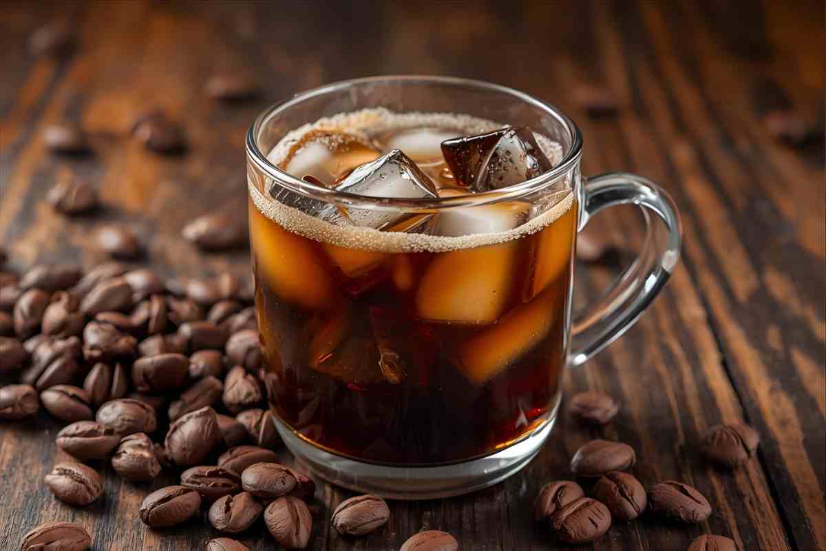 una tazza di caffè in vetro e chicchi di caffè