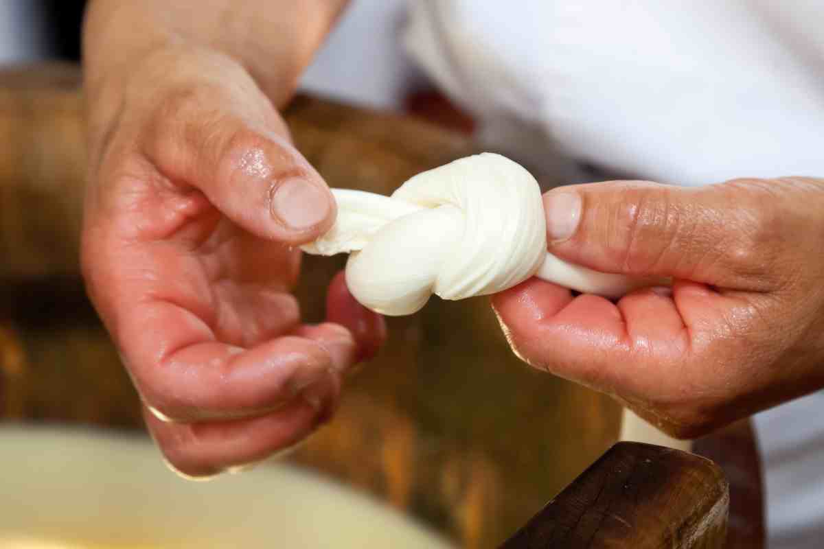 Una mano annoda una mozzarella