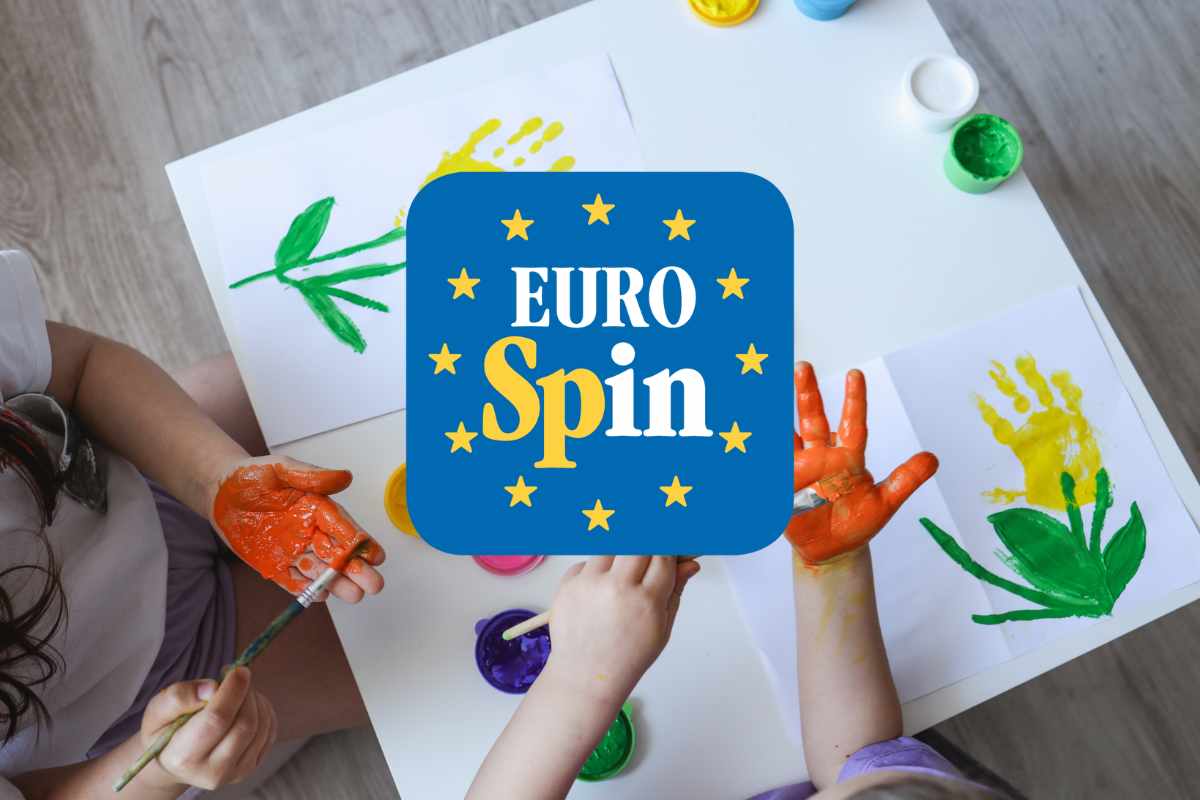 Dei bambini che disegnano e dipingono ed il logo Eurospin