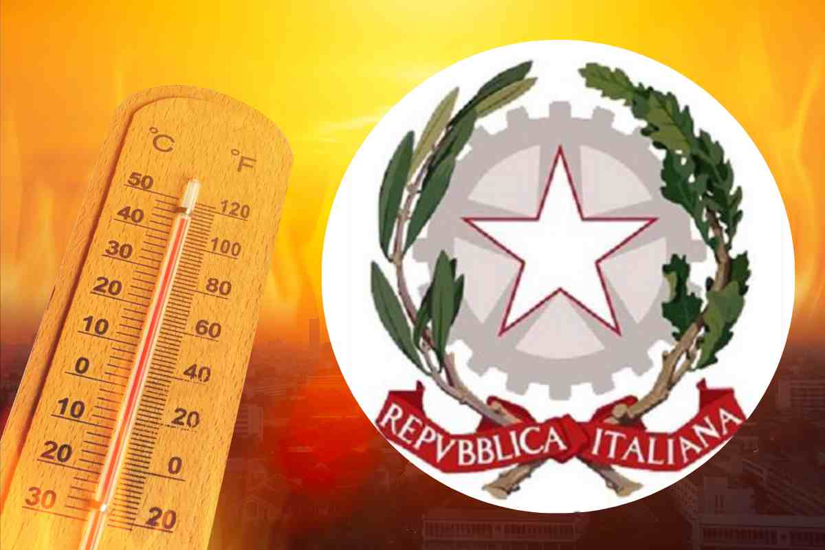 Termometro su città afosa e logo del ministero della salute